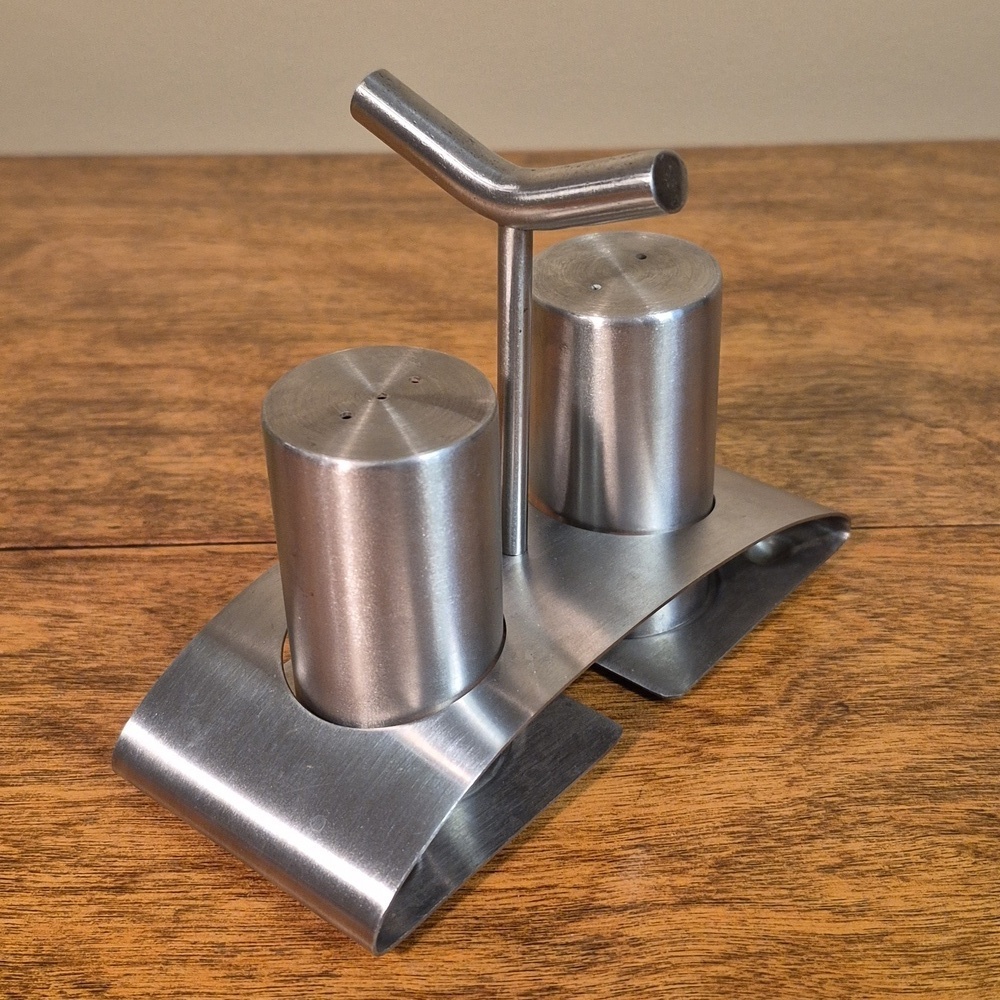 VINTAGE Stainless Steel Salt And Pepper Shaker Set With Caddy - Picture 3 of 14